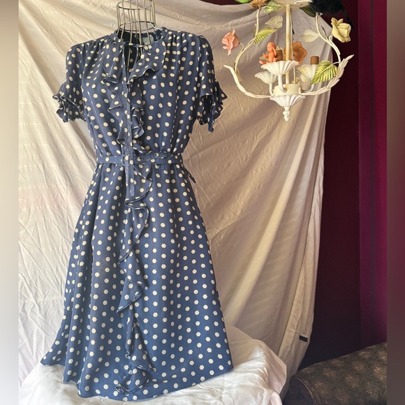 Blue Silk Hexagon Dot Dress, Size 8 - Picture 1 of 8
